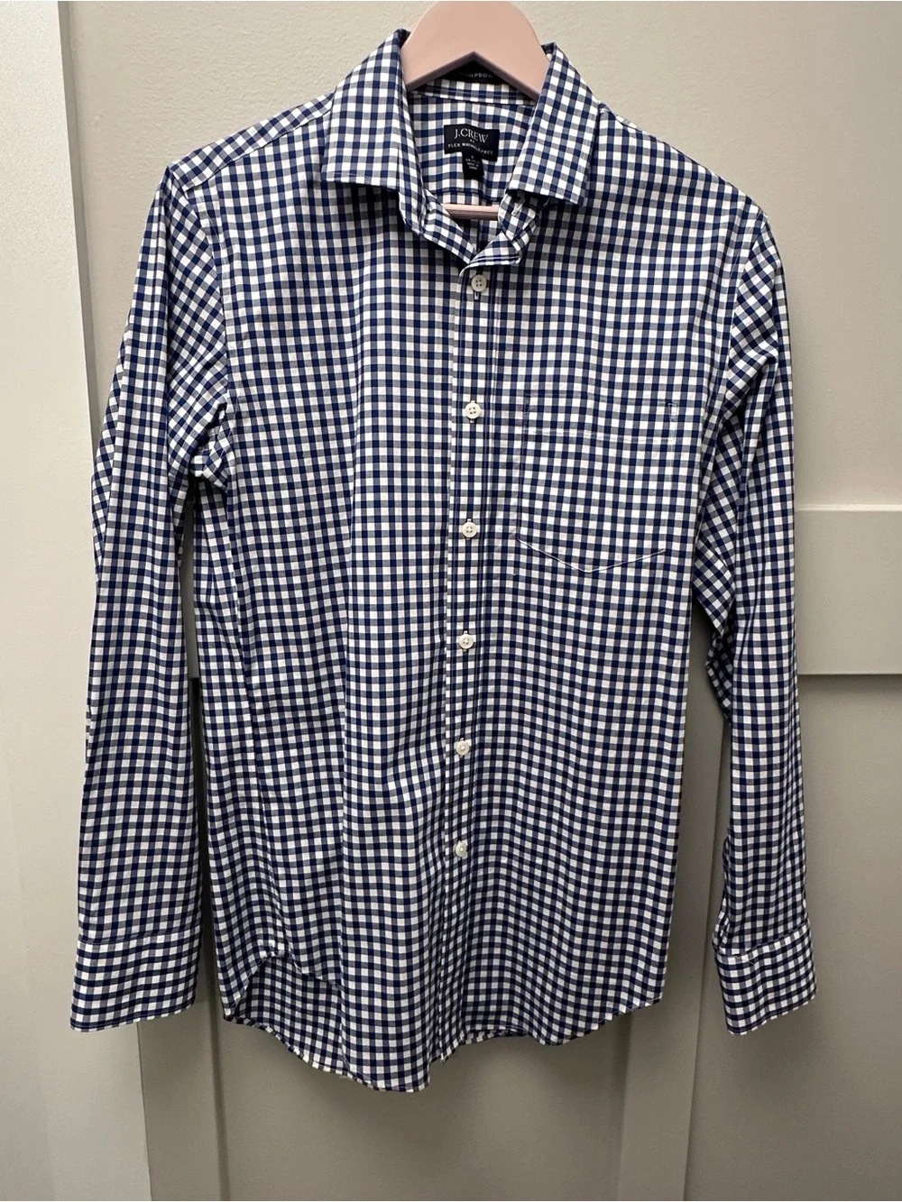 J. Crew Men’s Navy and White Gingham Dress Shirt Thompson Flex Wrinkle Small